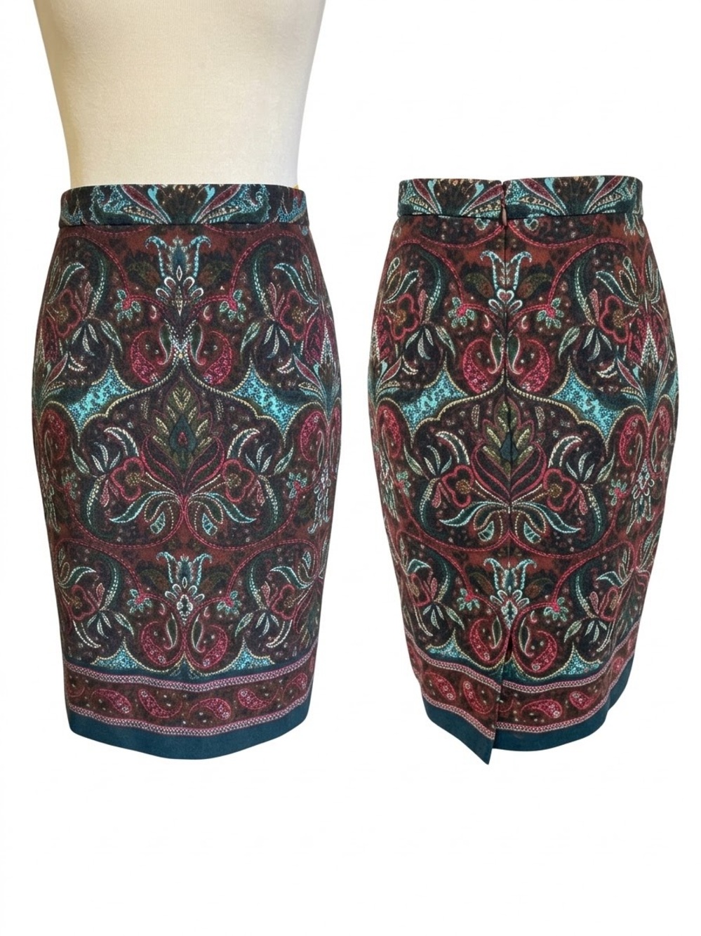 Talbots Paisley Jacquard Pencil Skirt in Teal and Burgundy